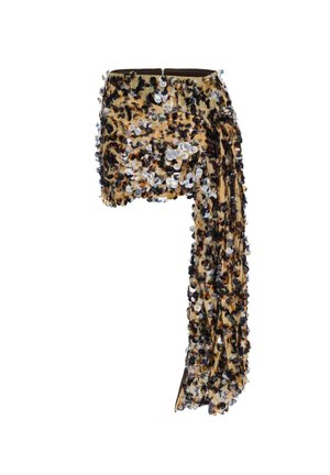 Mini spódniczka z materiału w panterkę, ozdobiona srebrnymi cekinami; posiada marszczenie z jednej strony oraz dopasowany pas dla eleganckiego wyglądu.