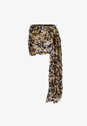 Fustă mini din material cu imprimeu leopard, împodobită cu paiete argintii; prezintă un detaliu drapat pe o parte și o talie ajustată pentru o siluetă elegantă.