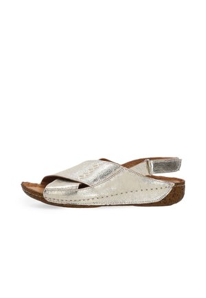 Dame metallic sølv læder sandal med åbne tæer, brun polstret sål og justerbar rem om hælen.