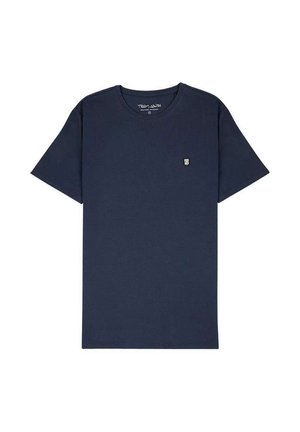 T-shirt bleu marine à manches courtes et col rond avec un petit logo brodé sur le côté gauche de la poitrine.