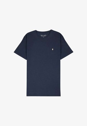 T-shirt bleu marine à manches courtes et col rond avec un petit logo brodé sur le côté gauche de la poitrine.