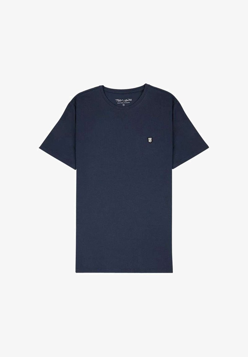 T-shirt bleu marine à manches courtes et col rond avec un petit logo brodé sur le côté gauche de la poitrine.