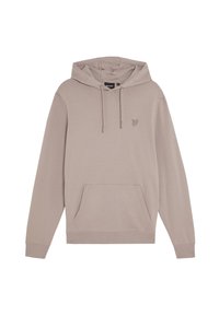 Felpa con cappuccio in tessuto beige chiaro, con tasca a marsupio, coulisse e un piccolo logo sul petto. Texture morbida, design informale.