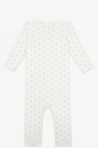 Body bianco a costine con maniche lunghe, decorato con un motivo di piccole stelle e cuori dorati, con polsini e caviglie a costole.