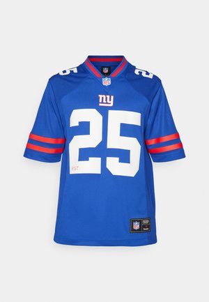 Blue NFL jersey featuring white number 25, red and white striped short sleeves, and a knit collar. Logo tag at the hem.