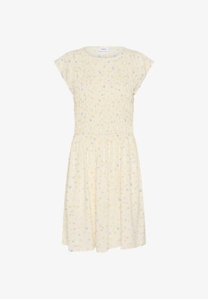 Helles gelbes Kurzarmkleid mit gerafft geschnittenem Oberteil. Hat einen Blumenprint in Blau und Gelb. Fließender Saum mit lockerer Passform.