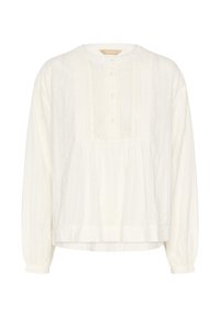 Bluza albă cu mâneci lungi, decorată cu dantelă și detalii prinse, cu placket butonat, decolteu rotund și material strâns în față.