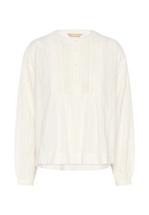 Blouse blanche à manches longues avec des détails en dentelle et des pinces, patte de boutonnage, col rond et tissu froncé à l'avant.