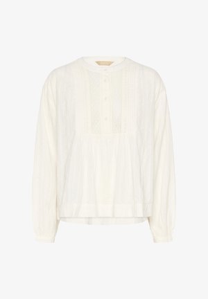 Fehér hosszú ujjú blúz csipkével és tűzött részletekkel, gombos záródás, kerek nyakkivágás, és elöl ráncolt anyaggal.