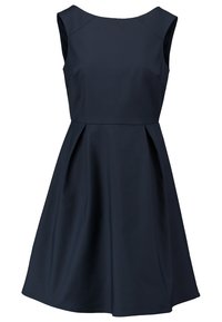 Marinblå ärmlös klänning med en figursydd överdel och utsvängd kjol, med plisseringar för extra volym och en slät tygfinish.