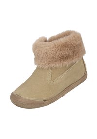 Botín beige al tobillo con un suave puño de piel sintética, textura de ante y suela de goma. Presenta un diseño fácil de poner con costuras minimalistas.