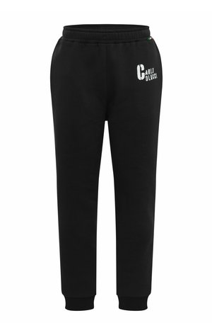 Schwarze Jogginghosen aus Baumwolle mit einem elastischen Bund, schmal zulaufenden Beinen und einem weißen Logo auf der Vorderseite.