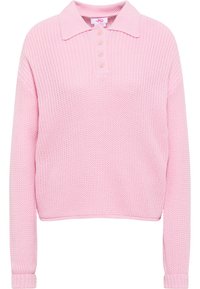 Różowy sweter dzianinowy z kołnierzem polo, plisą na trzy guziki i ściągaczami. Posiada teksturowany, przytulny materiał w luźnym kroju.