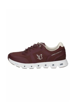 Burgundy athletic shoe with a textured upper, contrasting white sole, lace-up front, and a butterfly logo on the side.