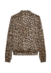 Felpa con stampa leopardata, maniche lunghe, tonalità nere e marroni, vita elastica e vestibilità rilassata. Tessuto morbido con motivo distintivo.