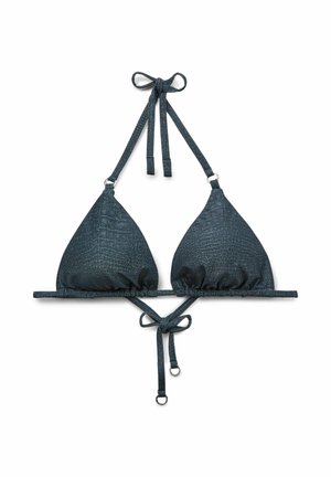 Haut de bikini bleu foncé texturé avec un motif crocodile. Bonnets triangulaires, liens ajustables et détails en métal.
