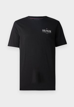 Black cotton T-shirt with short sleeves, featuring a white logo text "HILFIGER NEW YORK 1985" on the left chest area.