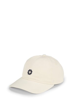 Beige baseballcap van katoen, met een donkerblauw embleem aan de voorkant. Gestructureerd ontwerp met een gebogen rand en een verstelbare band.