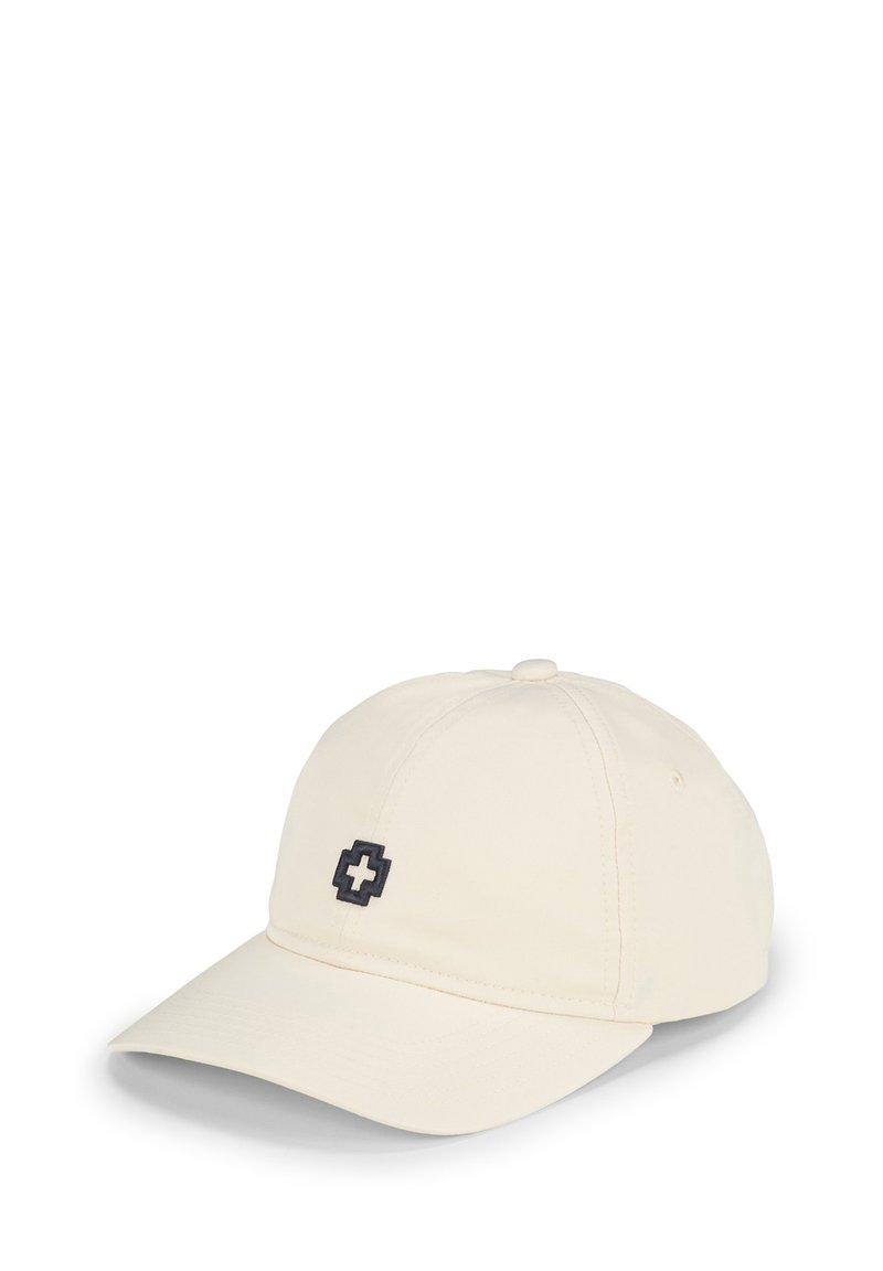Beige Baseballcap aus Baumwolle mit einem dunklen Marine-Emblem auf der Vorderseite. Strukturierter Entwurf mit einem gebogenen Schirm und verstellbarem Riemen.