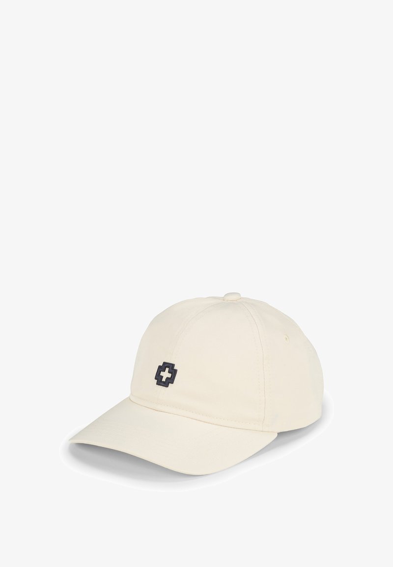 Beige Baseballcap aus Baumwolle mit einem dunklen Marine-Emblem auf der Vorderseite. Strukturierter Entwurf mit einem gebogenen Schirm und verstellbarem Riemen.