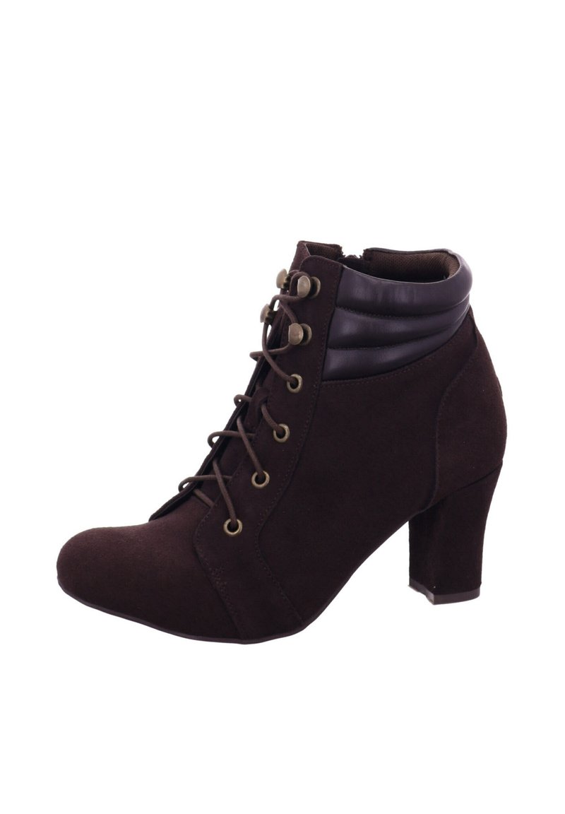 Braune Wildleder-Stiefeletten mit runder Spitze, schnürbarem Vorderteil und dekorativen Metallösen. Mit einem strukturierten, dunkelbraunen Kunstlederkragen.