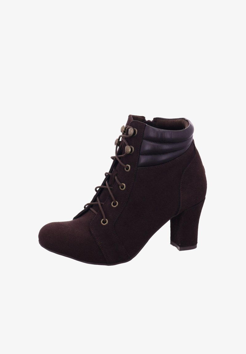 Braune Wildleder-Stiefeletten mit runder Spitze, schnürbarem Vorderteil und dekorativen Metallösen. Mit einem strukturierten, dunkelbraunen Kunstlederkragen.