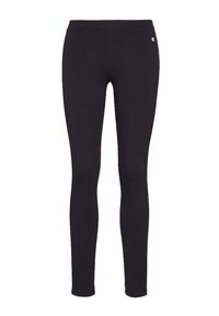 Leggings noirs en tissu extensible. Dotés d'une large taille élastique et d'un petit logo sur le côté supérieur gauche. Texture lisse.