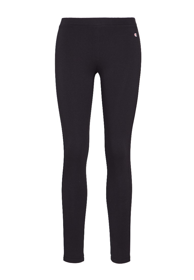 Leggings noirs en tissu extensible. Dotés d'une large taille élastique et d'un petit logo sur le côté supérieur gauche. Texture lisse.