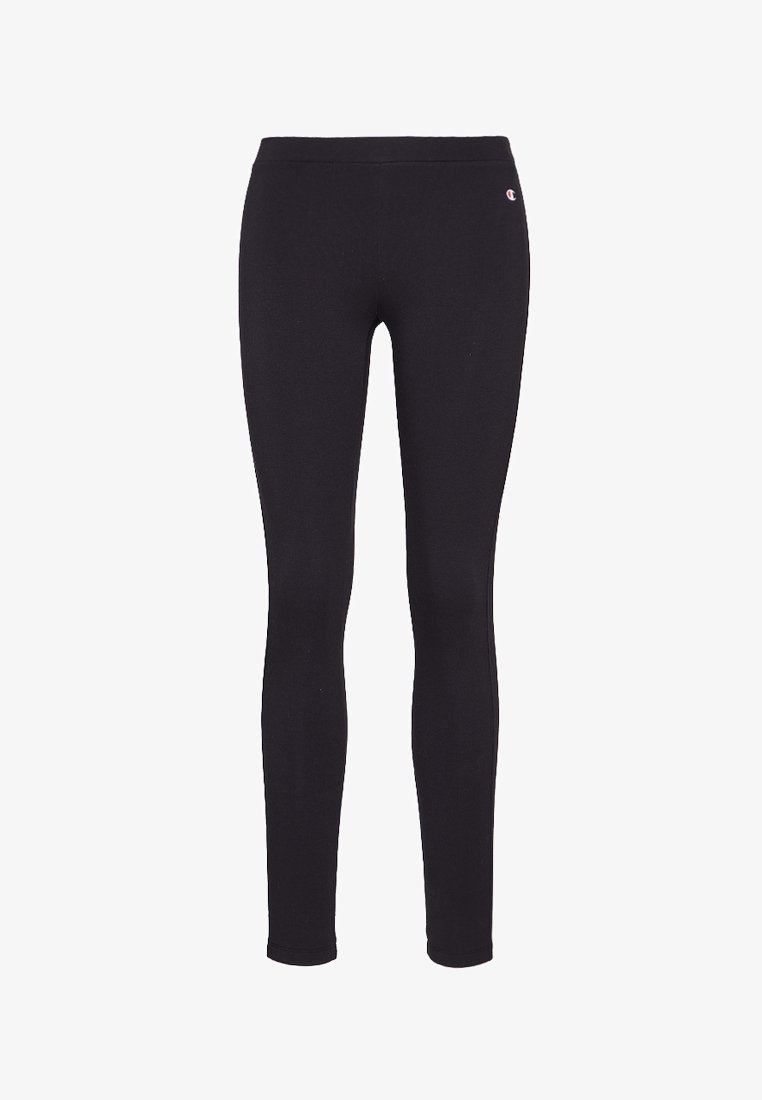 Leggings negre dintr-un material elastic. Au o talie lată din material elastic și un logo mic în partea stângă sus. Textură netedă.