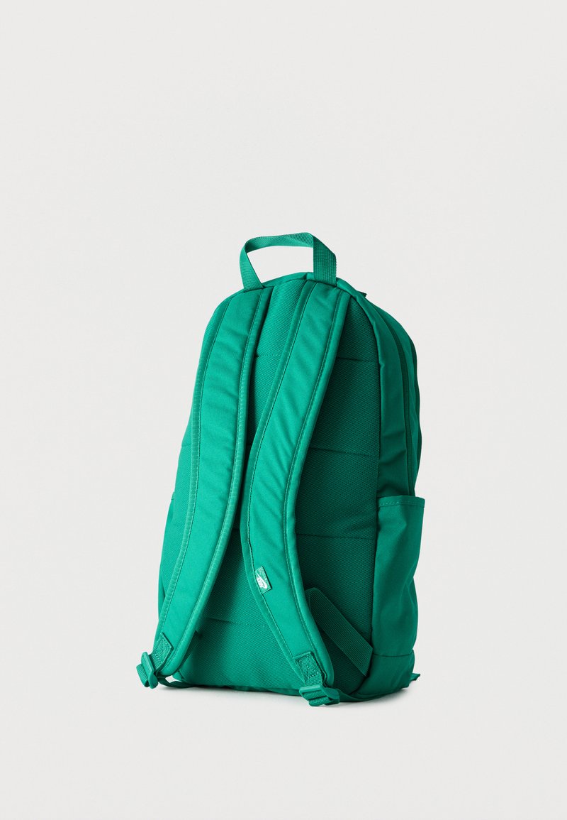 Grüner Rucksack mit gepolsterten Schultergurten und einem Tragegriff oben, von hinten auf einem einfarbig hellen Hintergrund gezeigt.