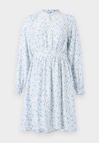 Vestido floral de tela azul claro y blanca, con mangas largas, cintura fruncida y escote alto. Presenta delicados patrones botánicos.