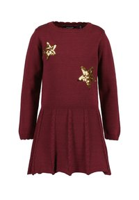 Bordowa dzianinowa sukienka z długim rękawem, z dwoma złotymi cekinowymi gwiazdami, ryflowanym dekoltem oraz rozkloszowanym, plisowanym dołem.