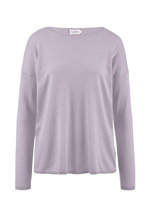 Helles lila langärmliges Sweatshirt aus weichem Material. Verfügt über einen runden Halsausschnitt und eine lockere Passform mit geripptem Saum und Bündchen. Sauberes Design.
