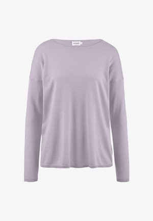 Helles lila langärmliges Sweatshirt aus weichem Material. Verfügt über einen runden Halsausschnitt und eine lockere Passform mit geripptem Saum und Bündchen. Sauberes Design.