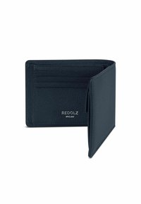 Portafoglio in pelle blu navy con finitura testurizzata, dotato di più slot per carte e un design semplice. Nome del marchio in rilievo visibile.