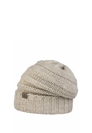 Beige knitted woolen beanie with ribbed fold-over cuff and small brown rectangular brand tag on the cuff.