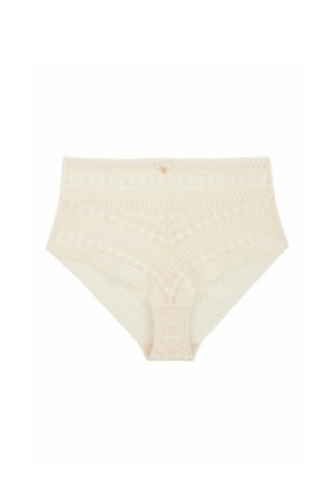 Sous-vêtements en dentelle couleur crème taille haute avec motifs géométriques et un petit nœud décoratif au centre de la ceinture.
