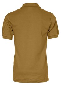 Koszulka polo w jednolitym musztardowym kolorze, z krótkimi rękawami, klasycznym kołnierzykiem i ściągaczami na rękawach. Wykonana z teksturowanej tkaniny.