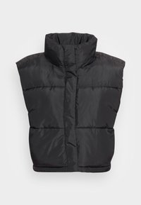 Black puffer vest with high collar, short sleeves, and quilted texture. Front closure with a minimalistic design. Lightweight material.