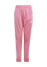 Pink tracksuit pants made of smooth fabric, featuring white side stripes, an elastic waistband, and fitted cuffs at the ankles.