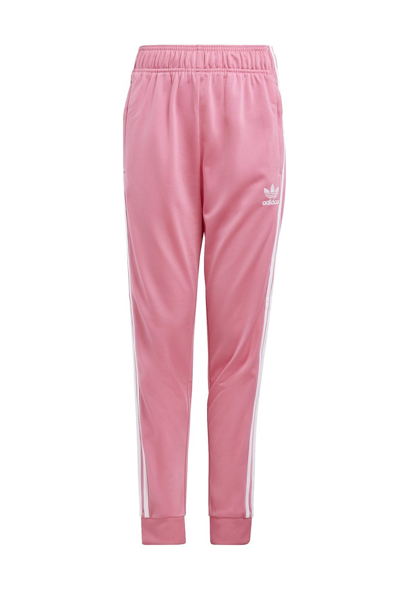 Pink tracksuit pants made of smooth fabric, featuring white side stripes, an elastic waistband, and fitted cuffs at the ankles.