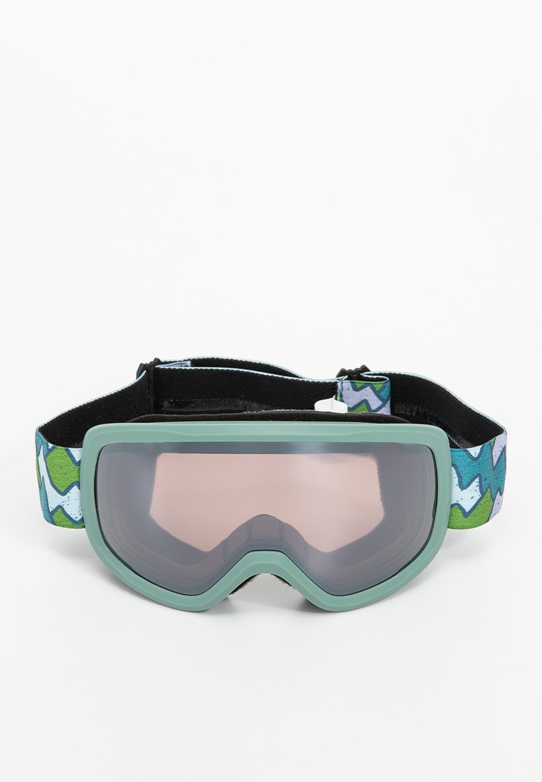 Skibrille mit einem mintgrünen Rahmen, getöntem Glas und einem gemusterten Gurt mit blauen und grünen Zickzack-Designs. Weiche Schaumstoffpolsterung für zusätzlichen Komfort.