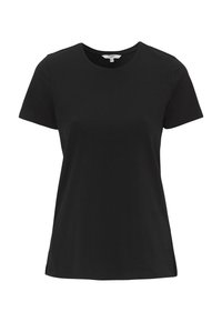 Zwarte korte mouwen T-shirt van zachte stof, met een ronde halslijn en een relaxte pasvorm. Gladde textuur zonder zichtbare patronen of accenten.