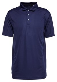 Laivastonsininen poolopaita, valmistettu sileästä, kevyestä kankaasta; siinä on kaulus, kolmen napin henkseleiden rivi ja lyhyet hihat.