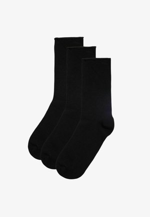 Calcetines negros de algodón, color sólido, longitud hasta la pantorrilla, paquete de tres, textura lisa, puntera y talón reforzados, puño acanalado elástico.