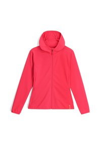 Giacca fucsia con zip e cappuccio, realizzata in tessuto texture. Presenta maniche lunghe e tasche laterali. Taglio dritto con un design moderno.