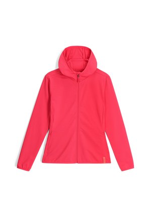 Veste zippée fuchsia avec capuche, en tissu texturé. Présente des manches longues et des poches latérales. Coupe droite avec un design moderne.