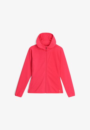 Giacca fucsia con zip e cappuccio, realizzata in tessuto texture. Presenta maniche lunghe e tasche laterali. Taglio dritto con un design moderno.