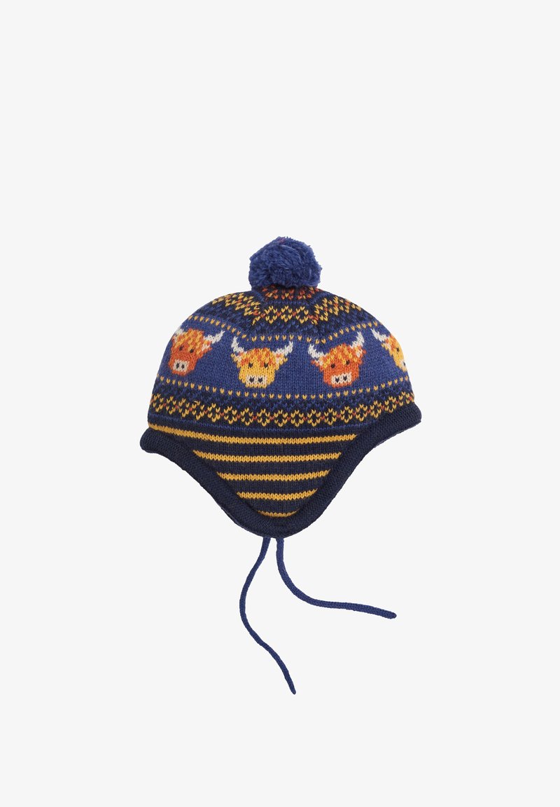Kötött sapka sötétkék alapszínnel, narancssárga és sárga feliratú felvidéki marha mintázattal, cscsókon sárga csíkkal és pom-pommal a tetején.