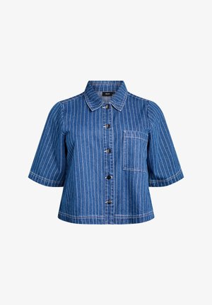 Short-sleeve denim jacket in dark blue with white vertical stripes, button closure, collar, and front pocket. Smooth texture and casual design.